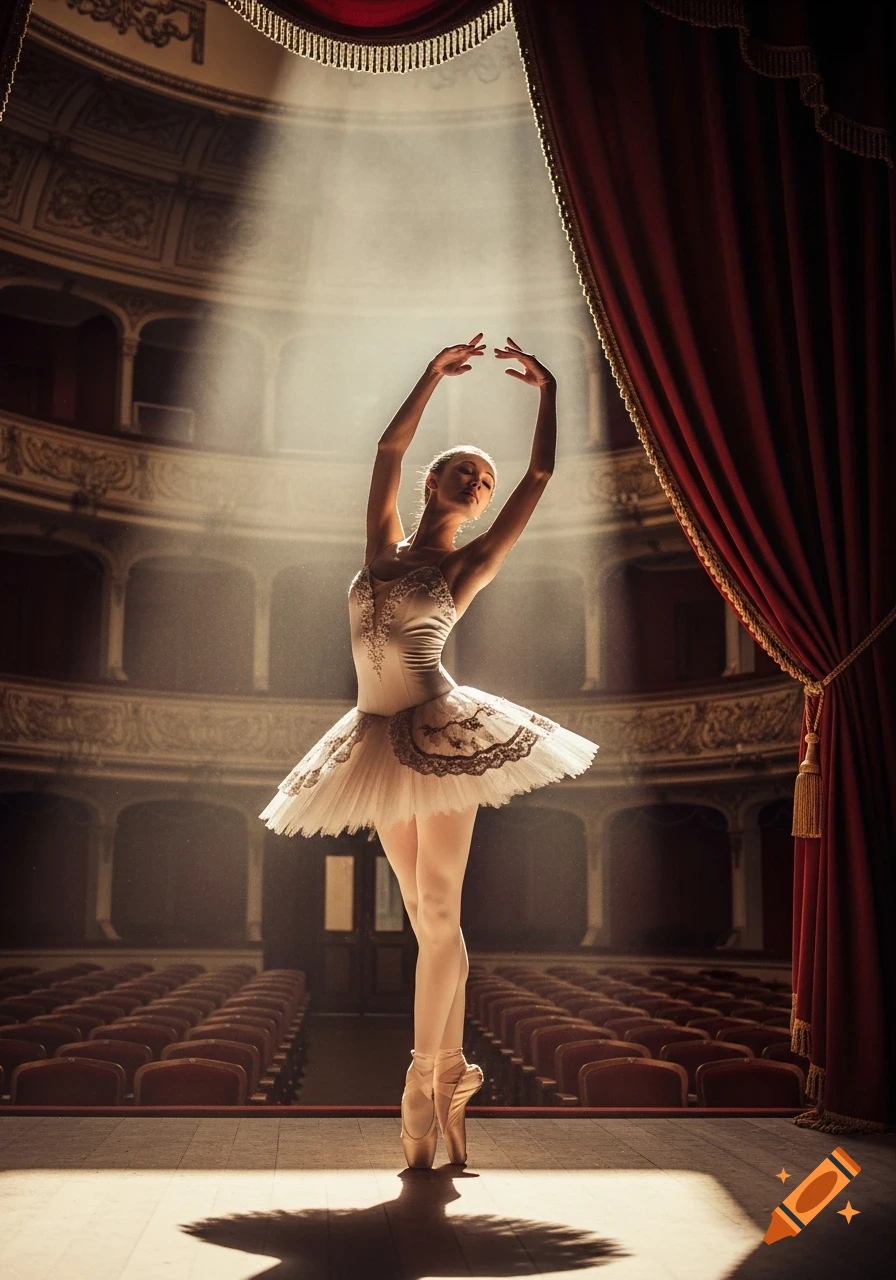 A spotlight illuminates a ballerina in a white tutu and pointe shoes, striking a pose on a stage in a grand theater.