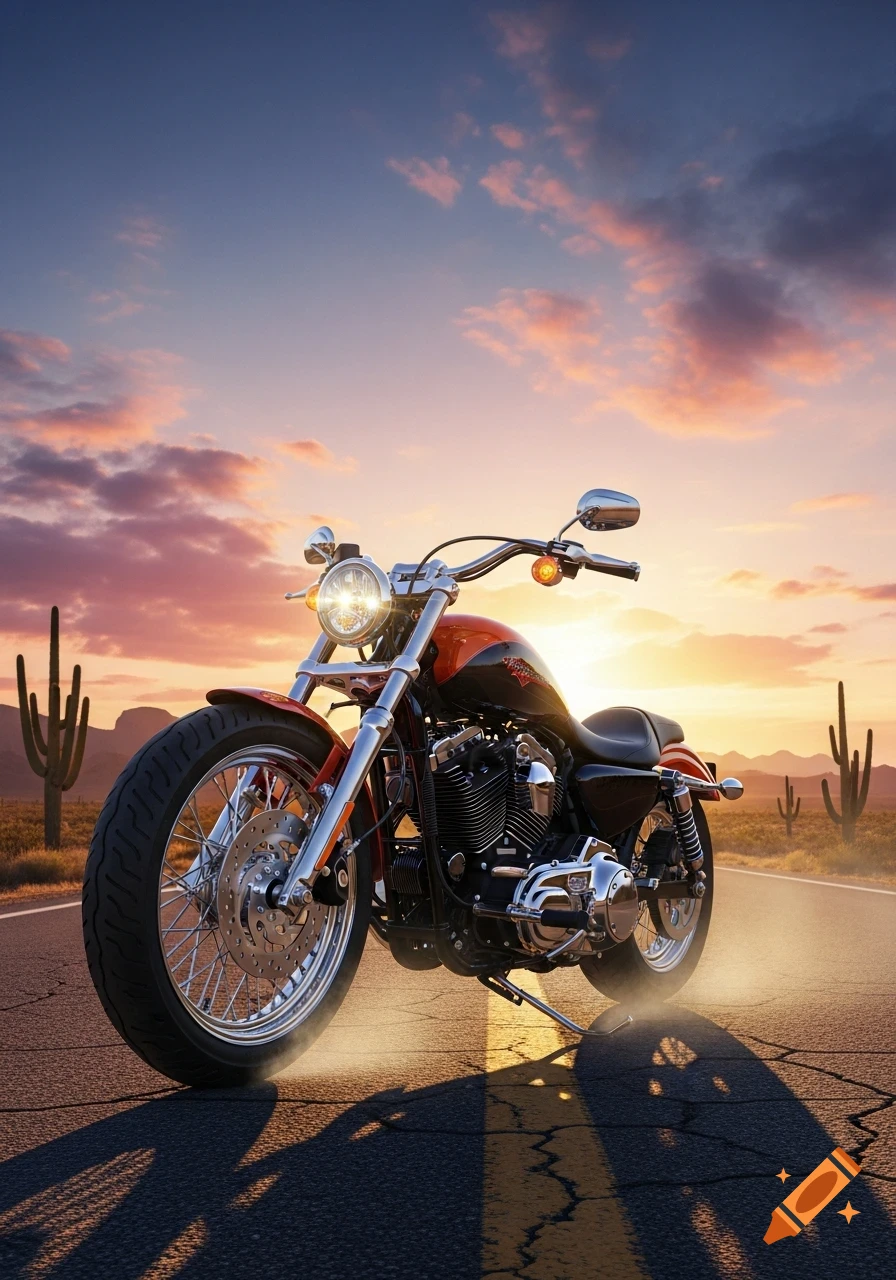 Photorealistic image of a black and orange motorcycle on a desert road at sunset with saguaro cacti.
