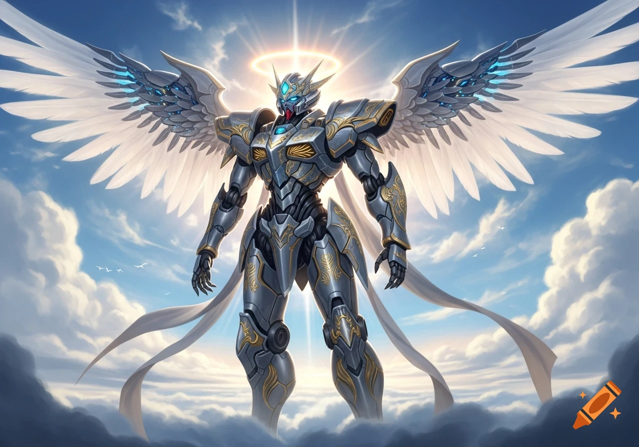 A majestic silver angelic mech with large white feathered wings and blue glowing accents stands among clouds in a bright sky.