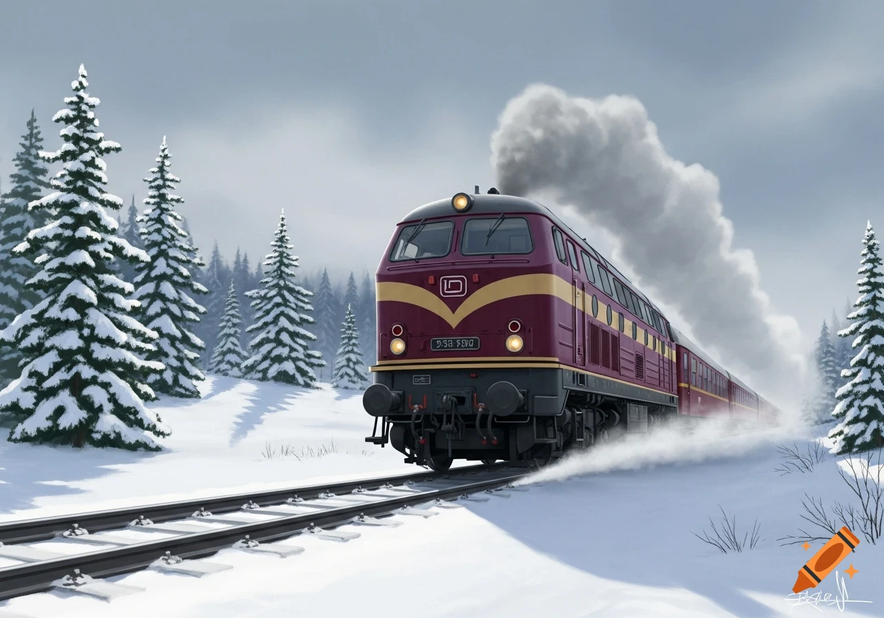 A maroon and yellow diesel locomotive travels through a snowy winter landscape with evergreen trees under a grey sky, digital painting.