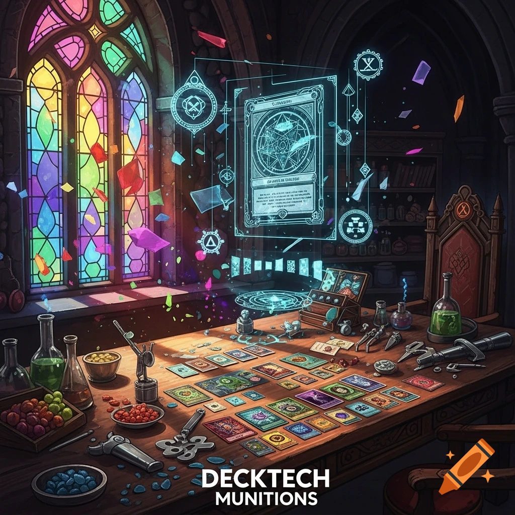 A magical study with a wooden table full of trading cards, potions, and tools. A holographic card floats above, with a vibrant stained-glass window in the background. Text reads "DECKTECH MUNITIONS".
