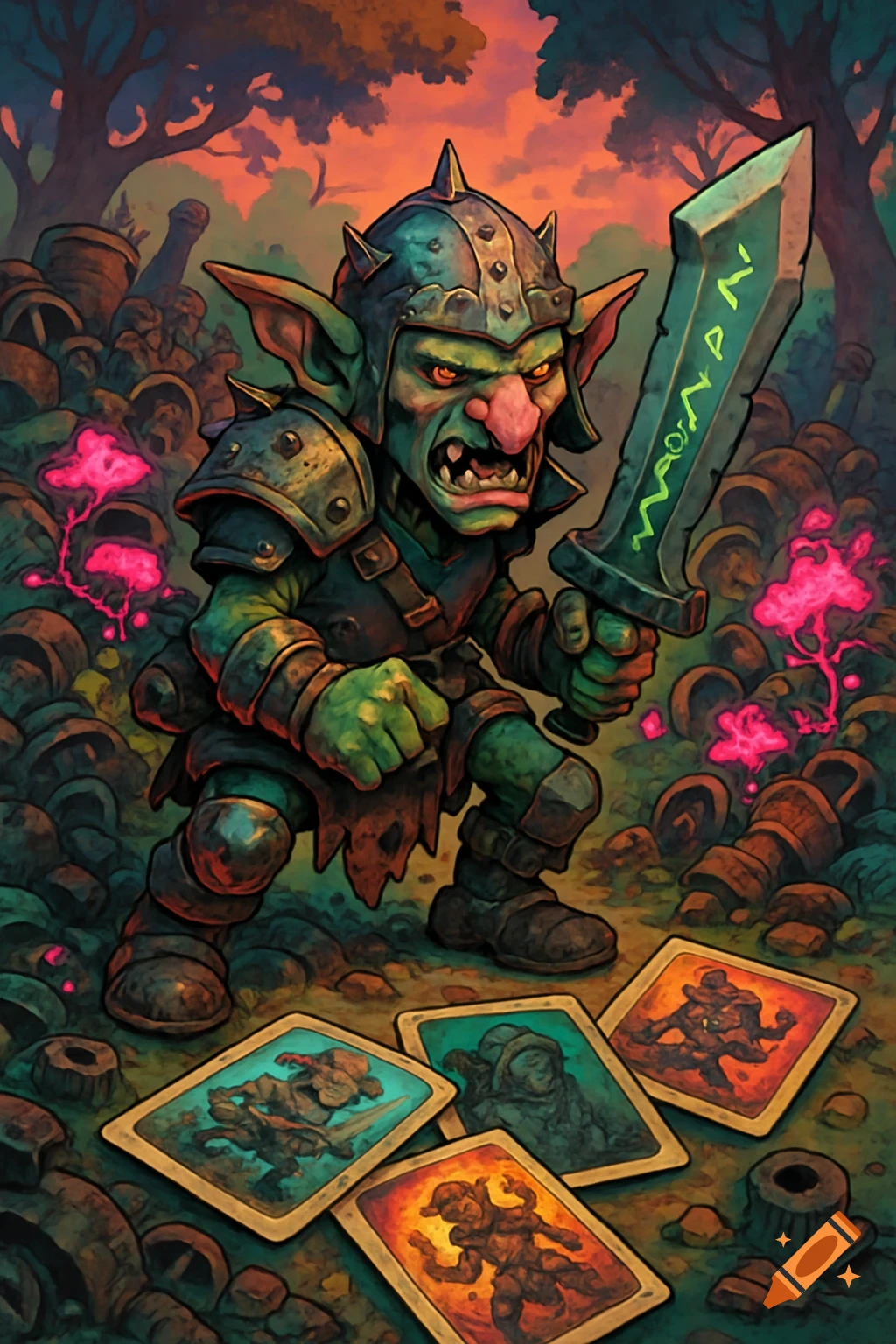 A green-skinned goblin warrior in a horned helmet and armor holds a glowing runic sword, standing over scattered fantasy game cards in a vibrant, stylized forest at sunset.
