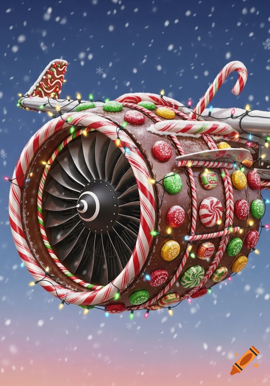 A close-up of an airplane engine decorated like a gingerbread house with candy canes, colorful candies, and Christmas lights, with snow falling.