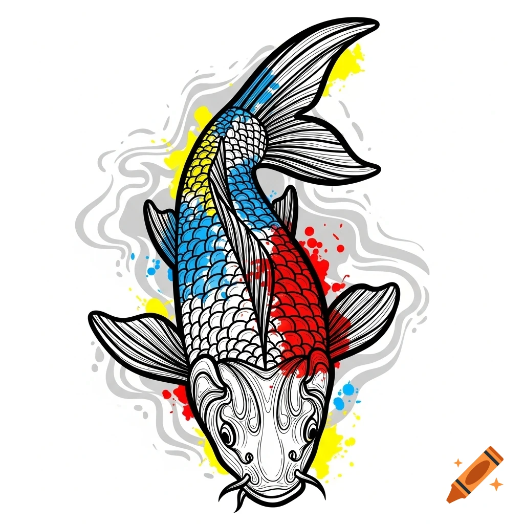 Stylized line art illustration of a colorful koi fish with red, blue, and yellow scales and paint splatters.