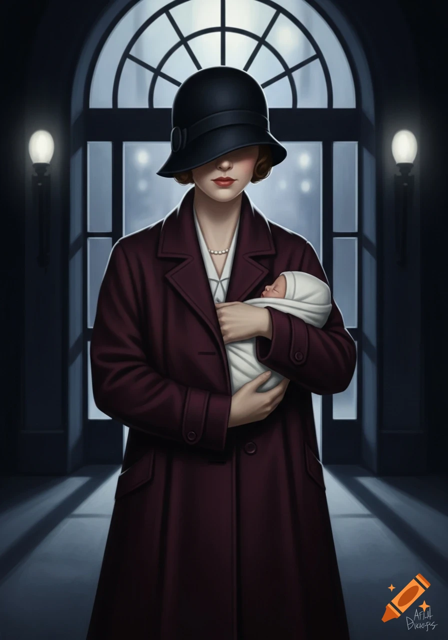 Art Deco illustration of a mysterious woman in a cloche hat and coat, holding a swaddled baby in a dark doorway with an arched window.