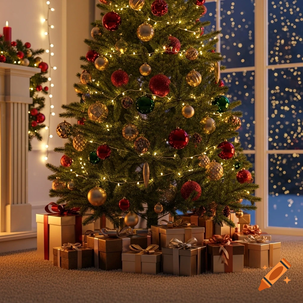 A realistic, warmly lit Christmas tree adorned with red and gold ornaments and lights, surrounded by gifts, next to a snowy window.