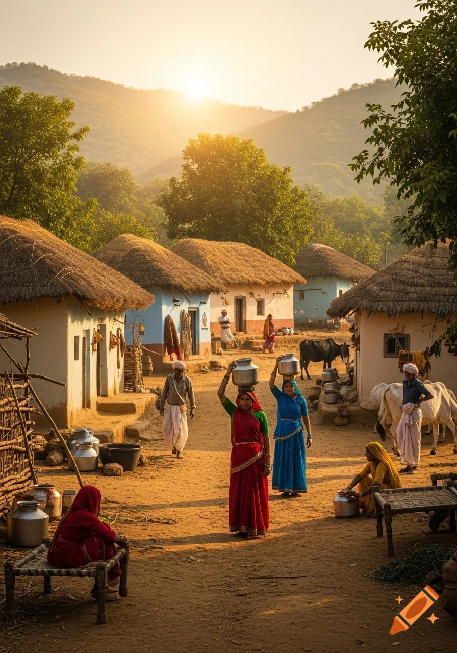 A vibrant photorealistic depiction of a traditional Indian village at sunrise, with villagers in colorful attire, mud houses, and livestock under golden light.