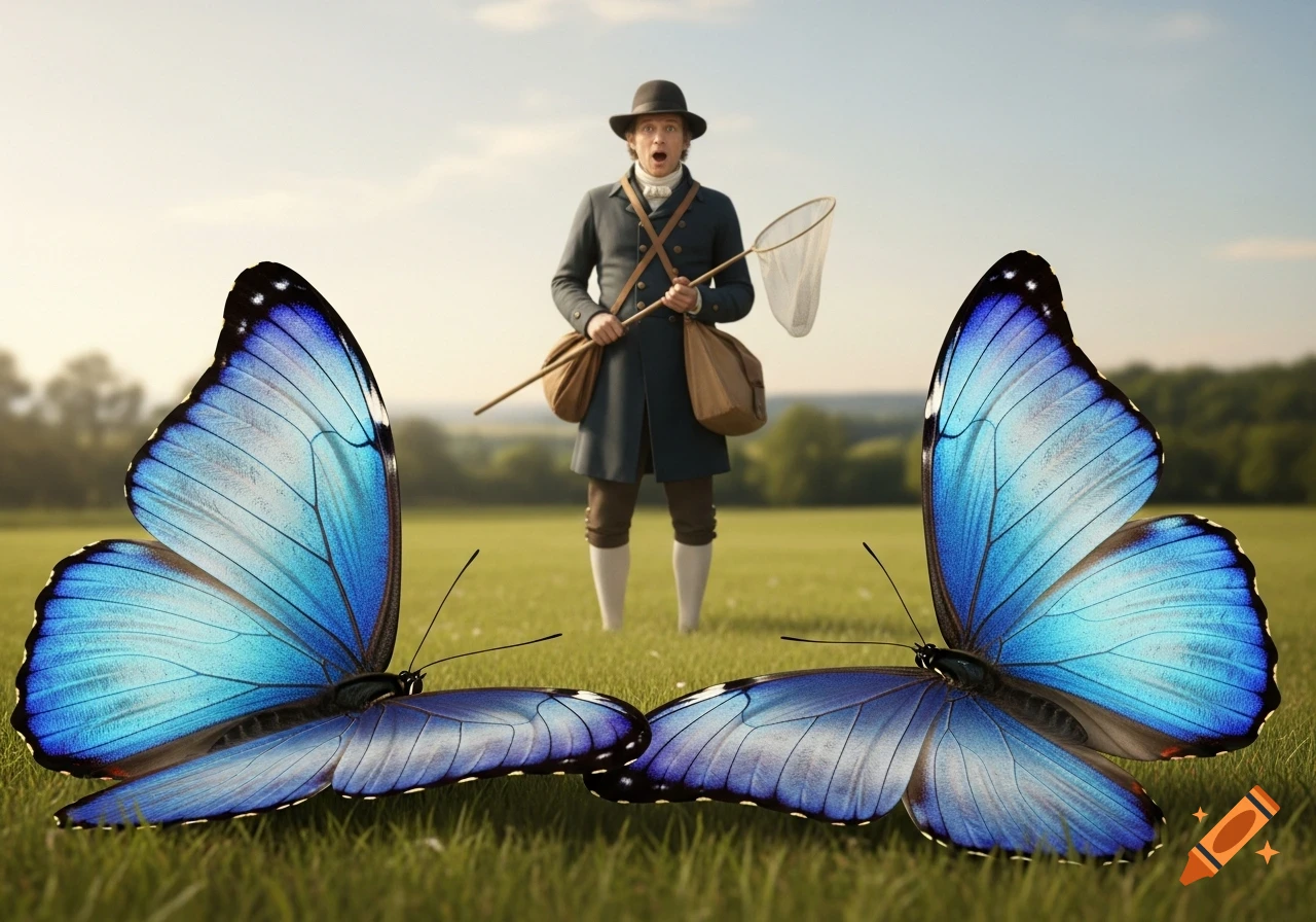 A surprised man in Biedermeier clothes with a butterfly net stands in a field, looking at two large blue butterflies. Photorealistic.