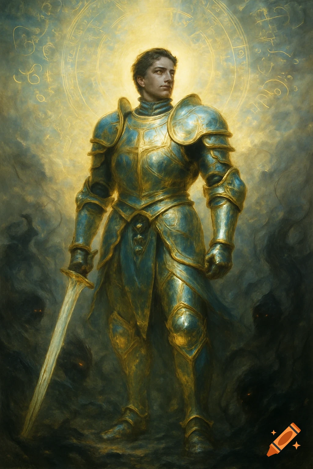 A knight in gleaming blue and gold armor holds a sword, standing amidst dark swirling energy with glowing runes and a halo.