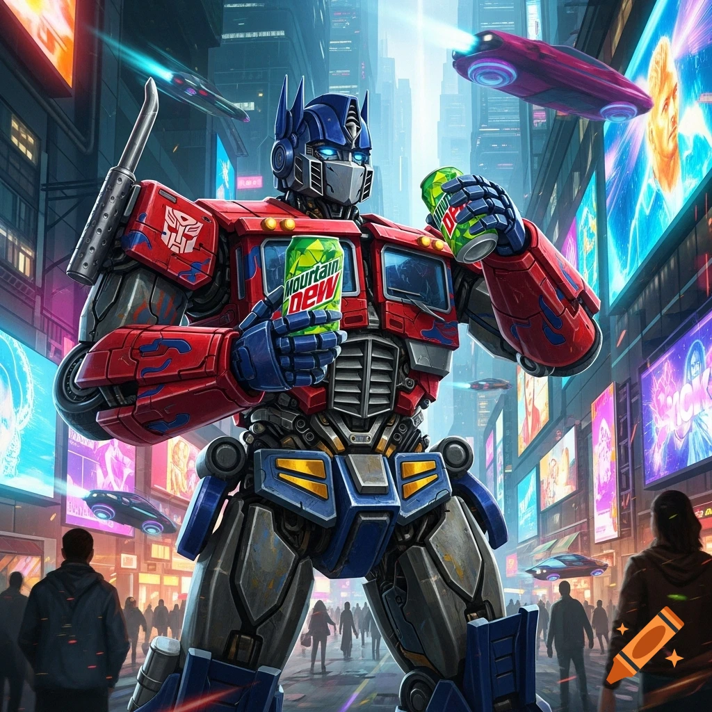 Optimus Prime stands in a futuristic city street, holding two Mountain Dew cans, with flying vehicles and glowing billboards in the background.