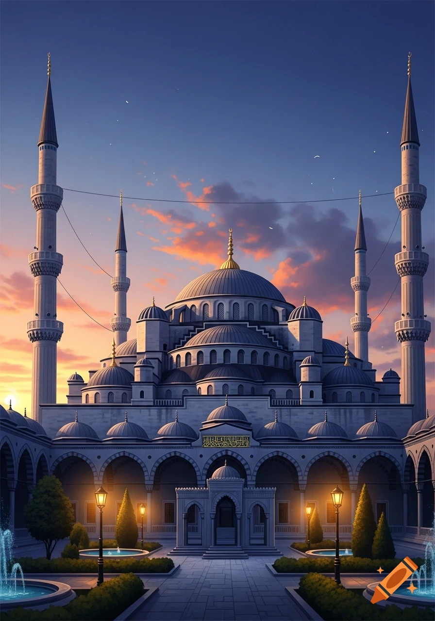 A majestic mosque with multiple domes and tall minarets at sunset, with an ornate courtyard featuring fountains and illuminated lanterns.
