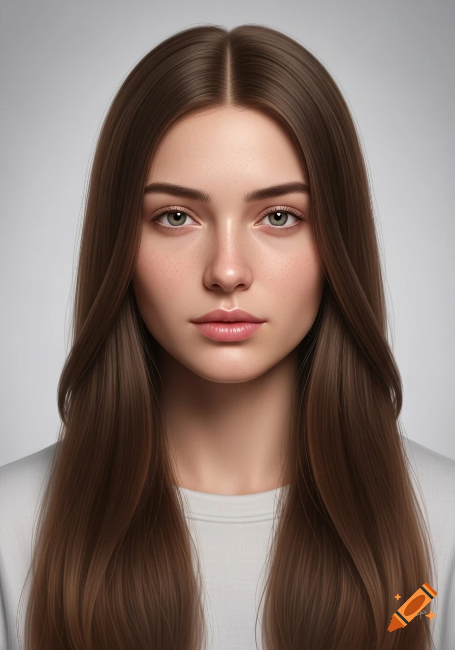 Photorealistic portrait of a young woman with long brown hair, green eyes, and freckles, wearing a light shirt.