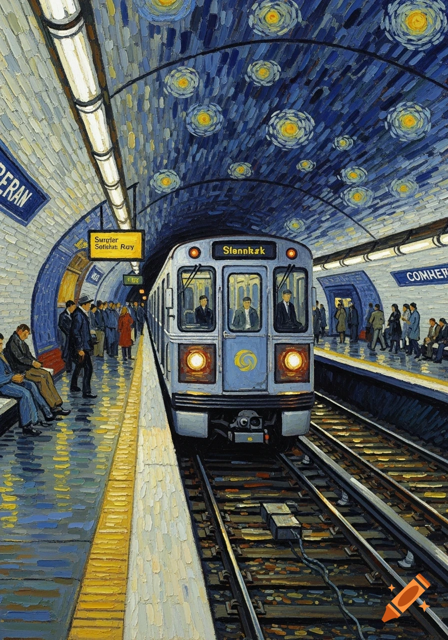 A vibrant, impasto painting in Van Gogh's style depicts a subway train arriving at a station, with waiting passengers.