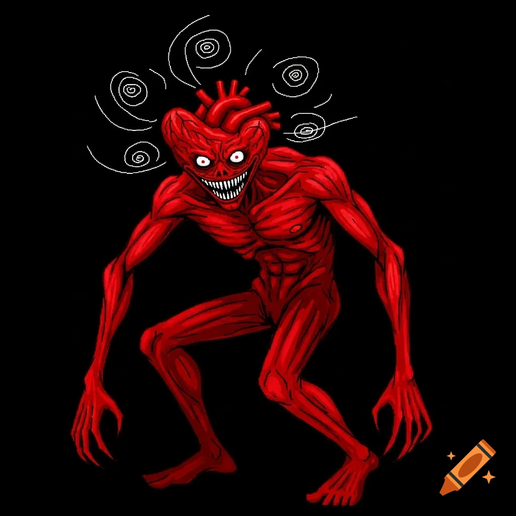 A creepy, red, muscular monster with a heart for a head, a wide toothy grin, and white spirals above its head, against a black background.