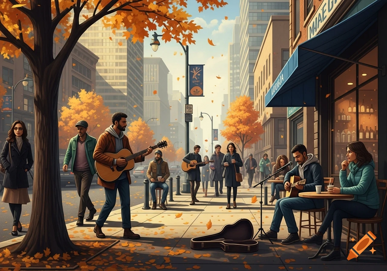 Vibrant autumn city street scene with street musicians playing guitar, people walking, and sitting at a cafe, surrounded by fall foliage.