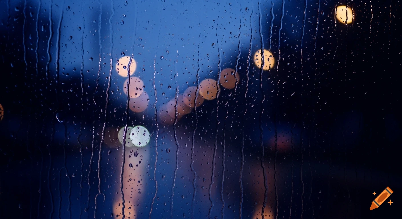 Photorealistic image of raindrops sliding down a window pane at night, with blurred, warm city lights in the background.
