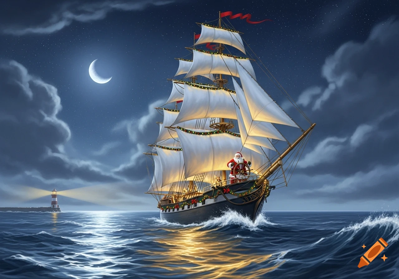 Santa Claus steers a large sailing ship decorated with Christmas lights on a moonlit, wavy ocean with a lighthouse in the distance.