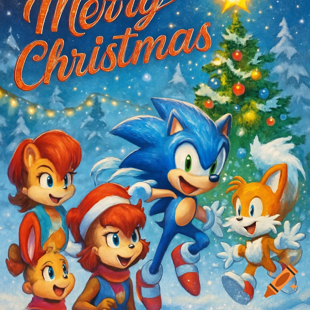 Sonic the Hedgehog, Tails, Sally Acorn, and other cartoon characters run happily in a snowy Christmas scene with a decorated tree.