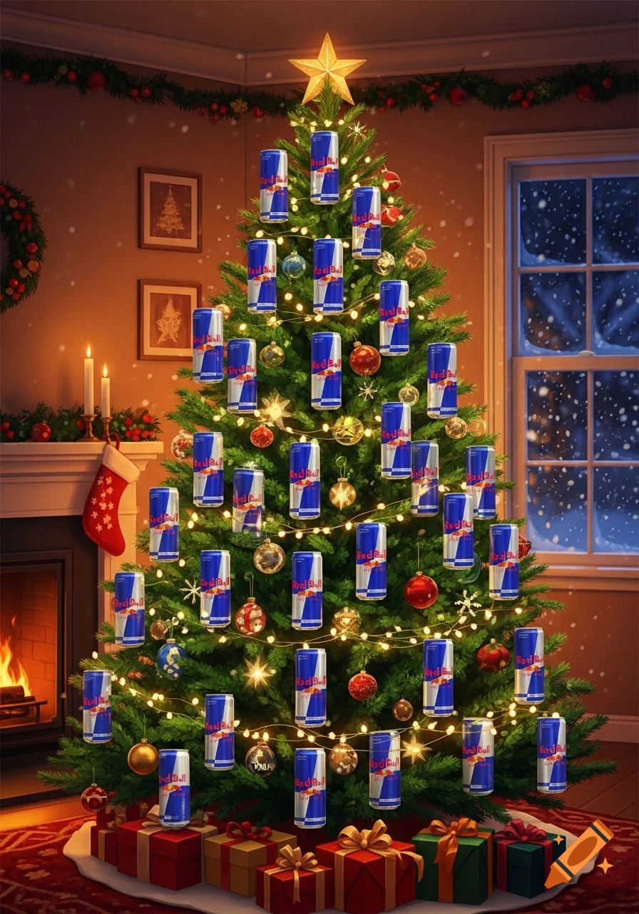 A festive Christmas tree adorned with numerous Red Bull cans as ornaments, surrounded by wrapped gifts, in a cozy room.