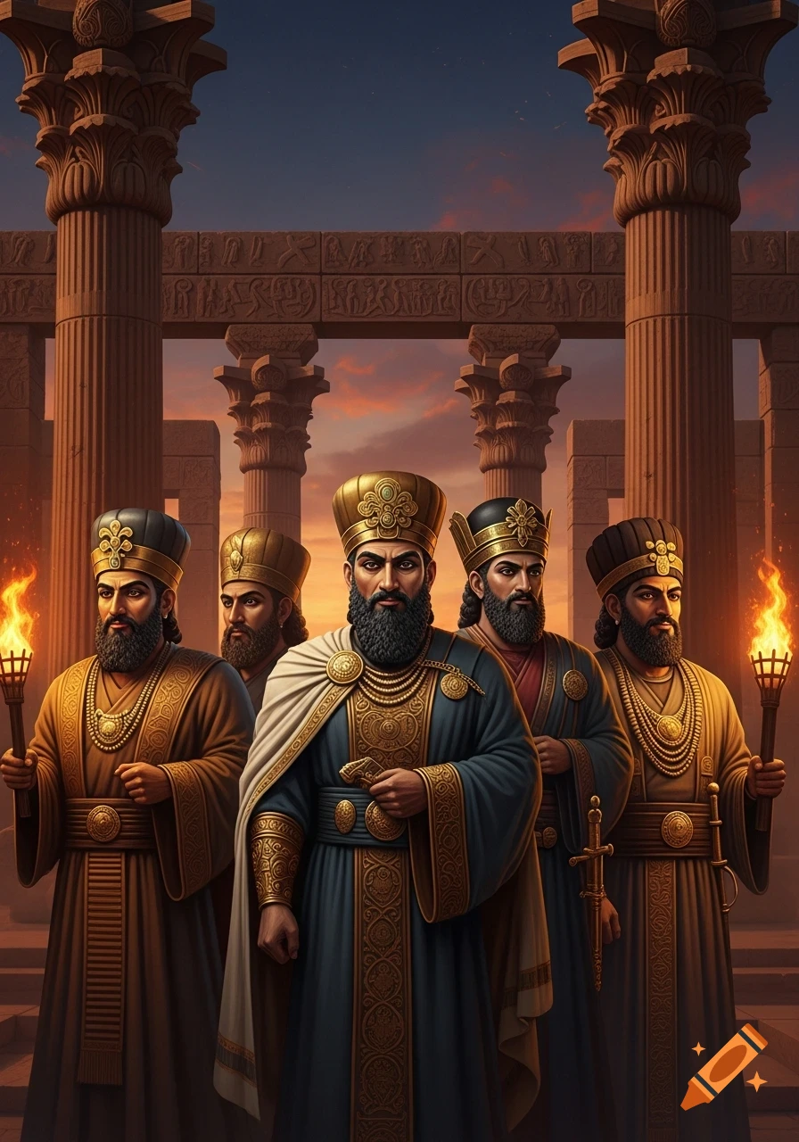 Four bearded men in elaborate ancient Persian attire, holding torches, stand before stone columns and carved walls at sunset.