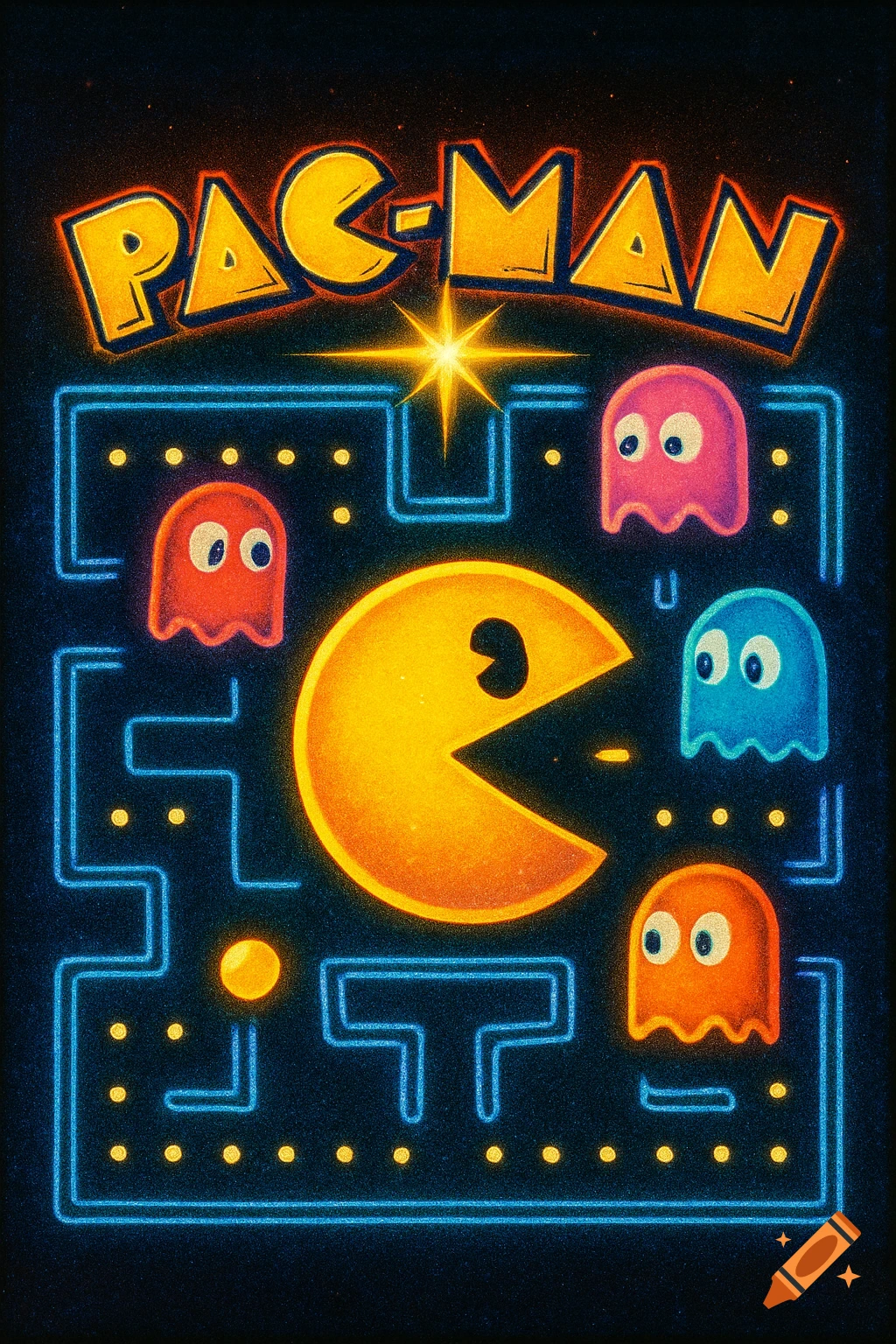 Retro arcade Pac-Man game screen featuring Pac-Man, ghosts, and a glowing blue neon maze with yellow dots on a dark background.