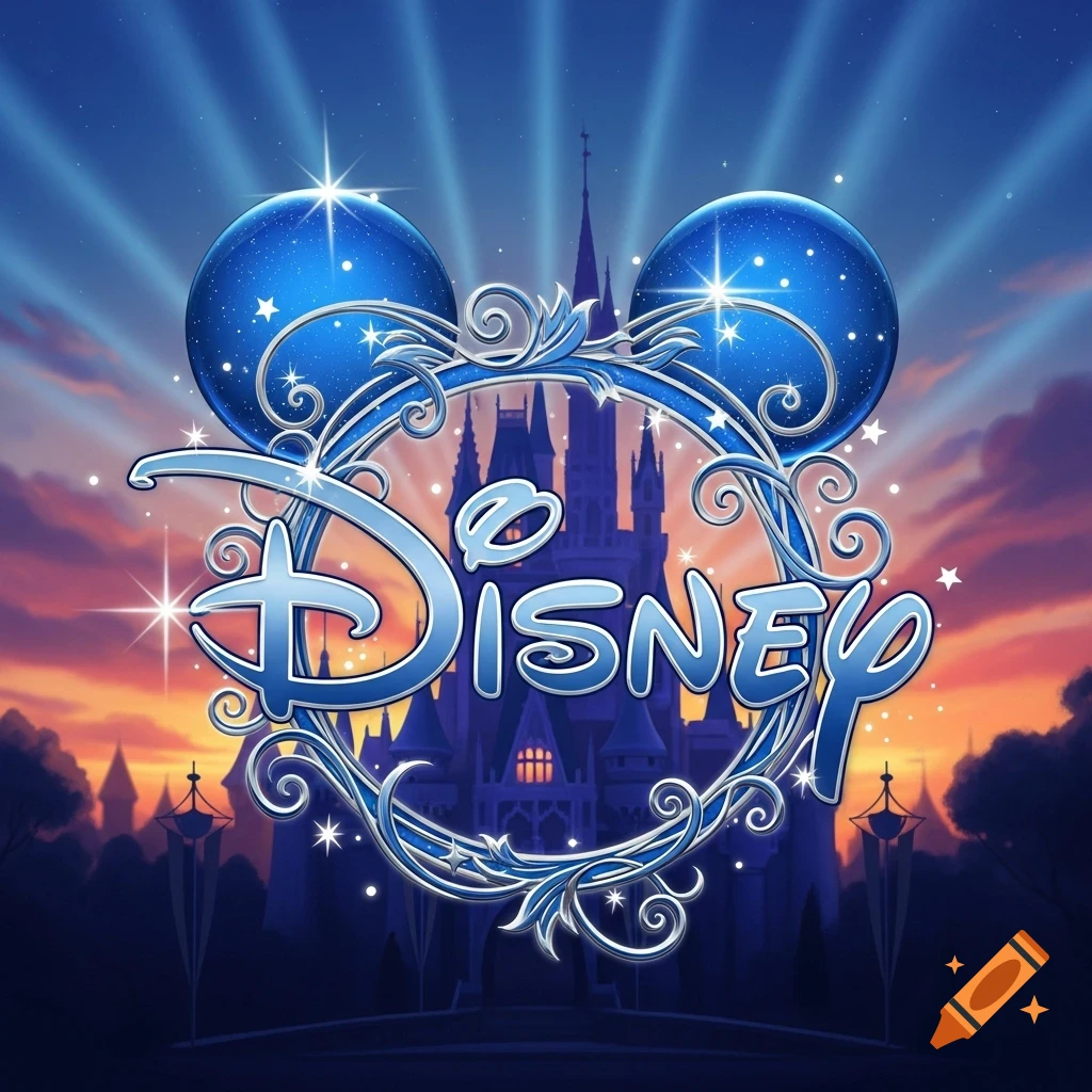 Stylized Disney logo with Mickey ears, ornate frame, and a magical castle silhouette against a sunset sky with stars.