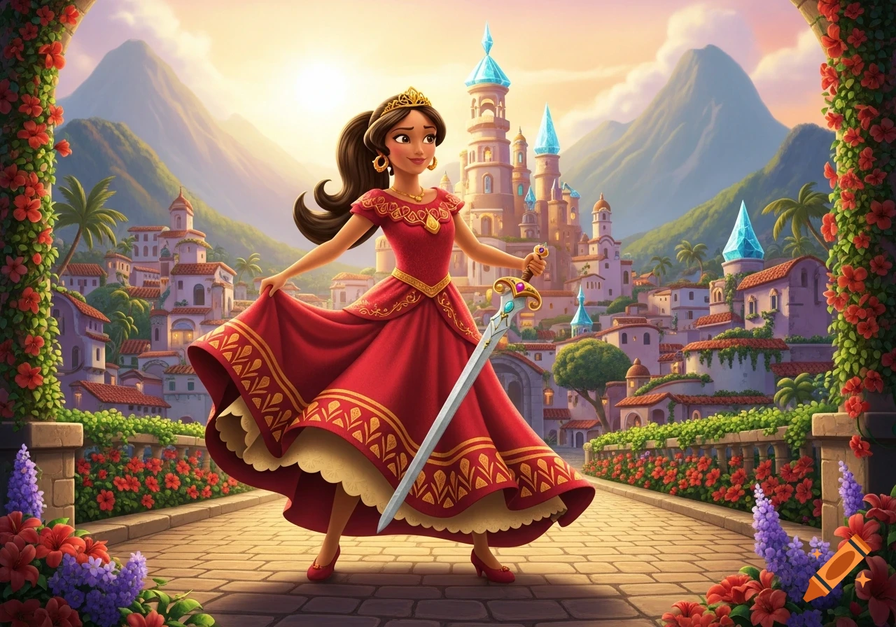 Animated princess Elena of Avalor in a red dress with a sword, standing in a colorful fantasy town with a grand castle.
