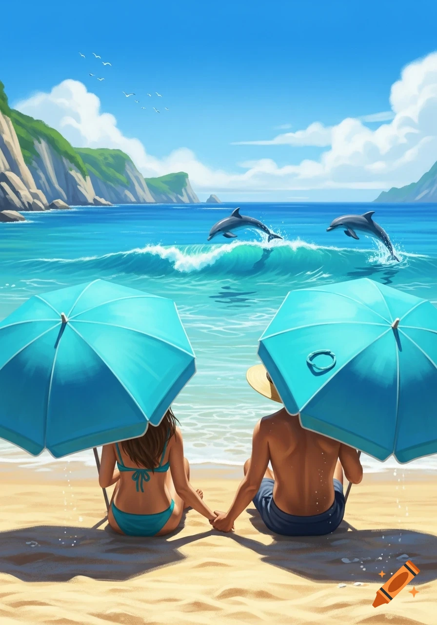 A couple under blue umbrellas on a sunny beach holding hands, watching dolphins jump in the turquoise ocean with cliffs. Digital illustration.