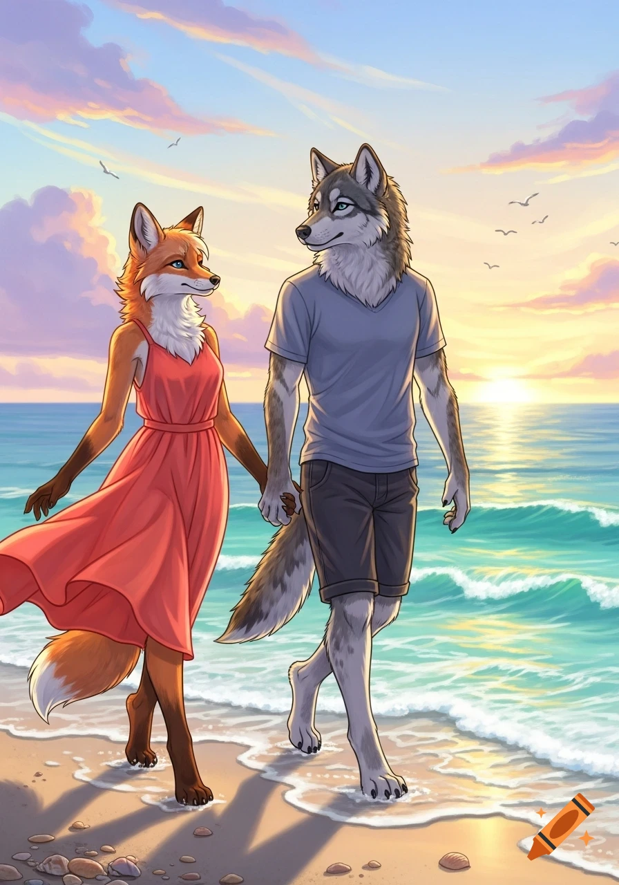 An anthropomorphic fox woman and wolf man walk hand-in-hand on a sandy beach at sunset, waves gently lapping. Digital art.