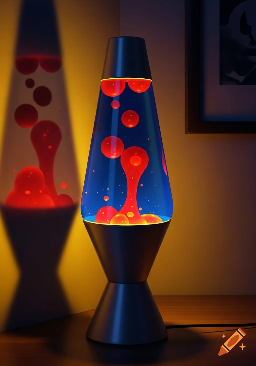 A modern lava lamp with red wax bubbles flowing in blue liquid, casting a warm glow on a wall.