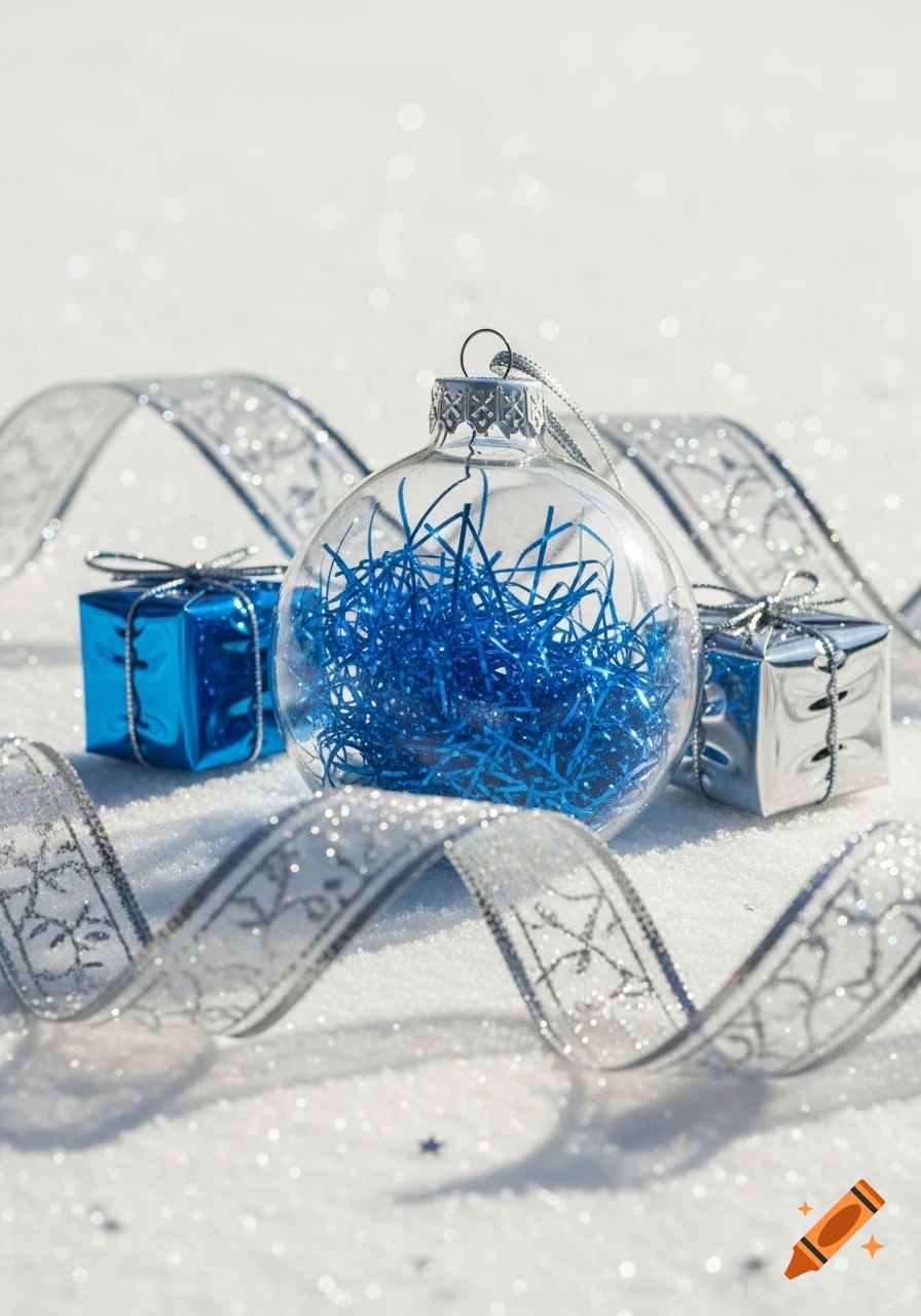 A clear glass Christmas ornament with blue tinsel, blue and silver gift boxes, and a sparkly silver ribbon on snow.