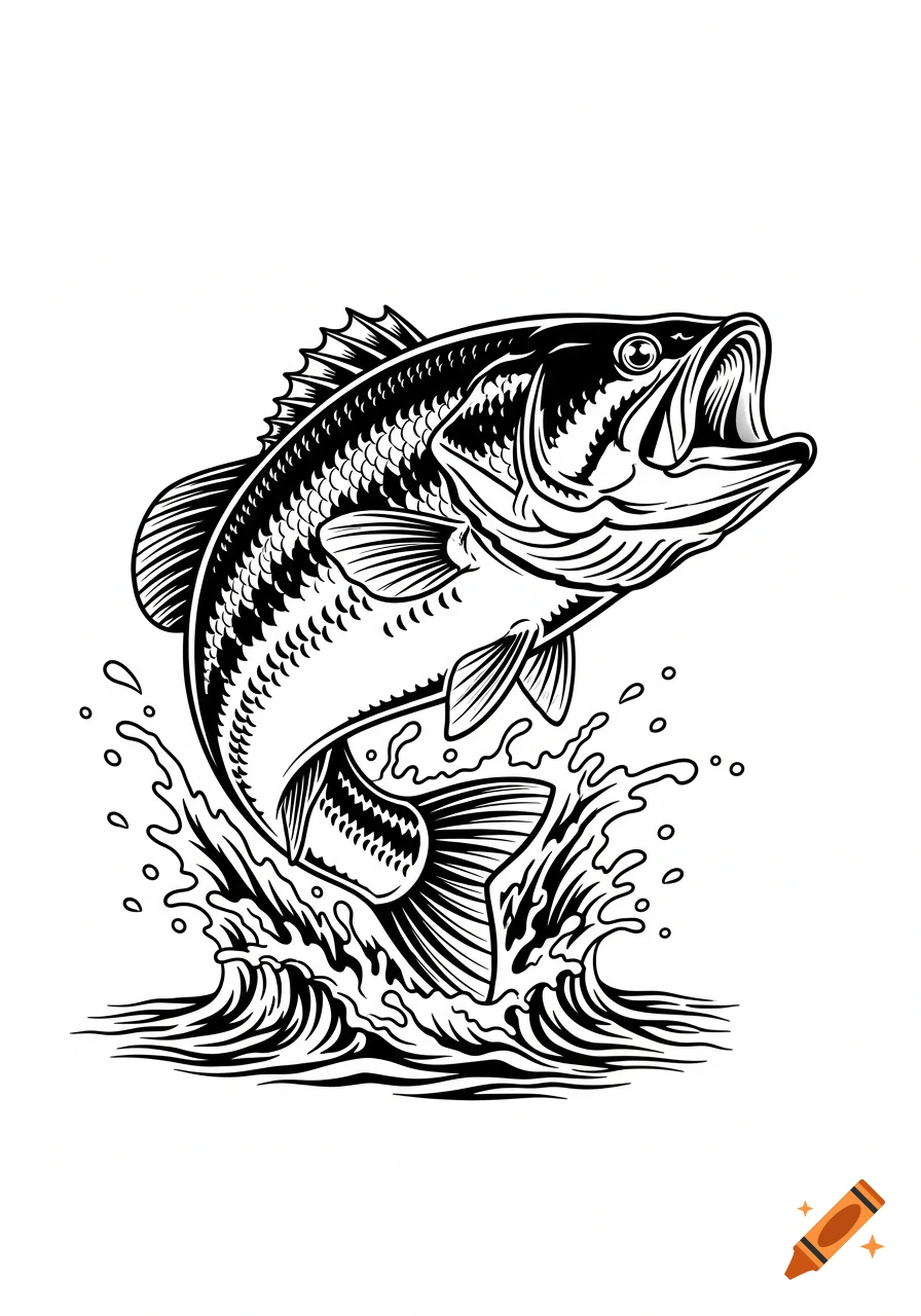 Black and white stencil illustration of a largemouth bass leaping from splashing water.