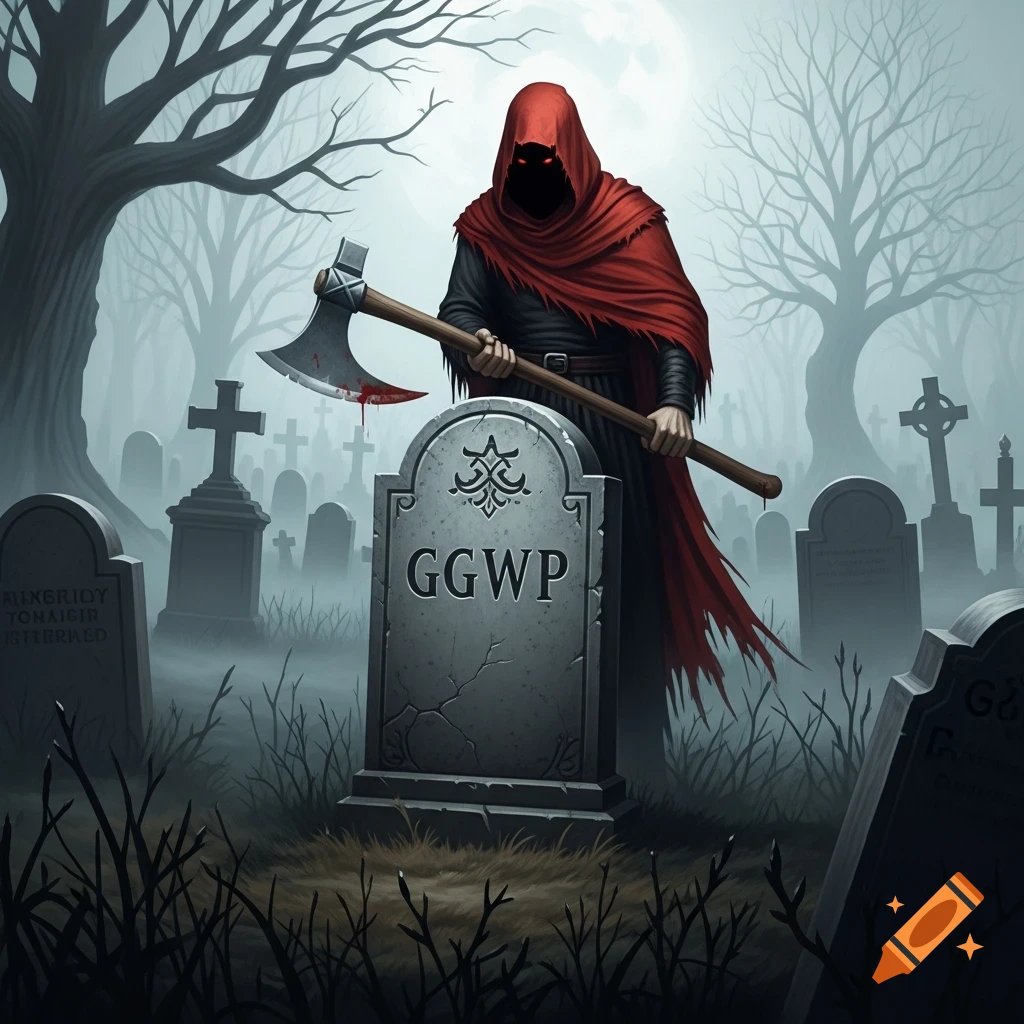 A hooded executioner in a red cloak holds a bloody axe over a gravestone inscribed with "GGWP" in a misty graveyard.