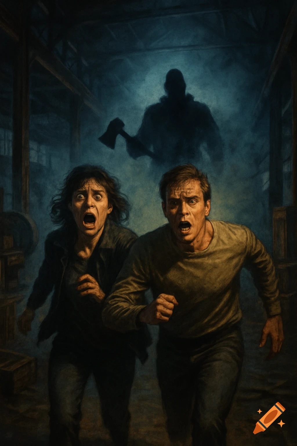 Two terrified people flee through a dark, foggy warehouse from a shadowy ax-wielding figure, in a horror movie poster style.