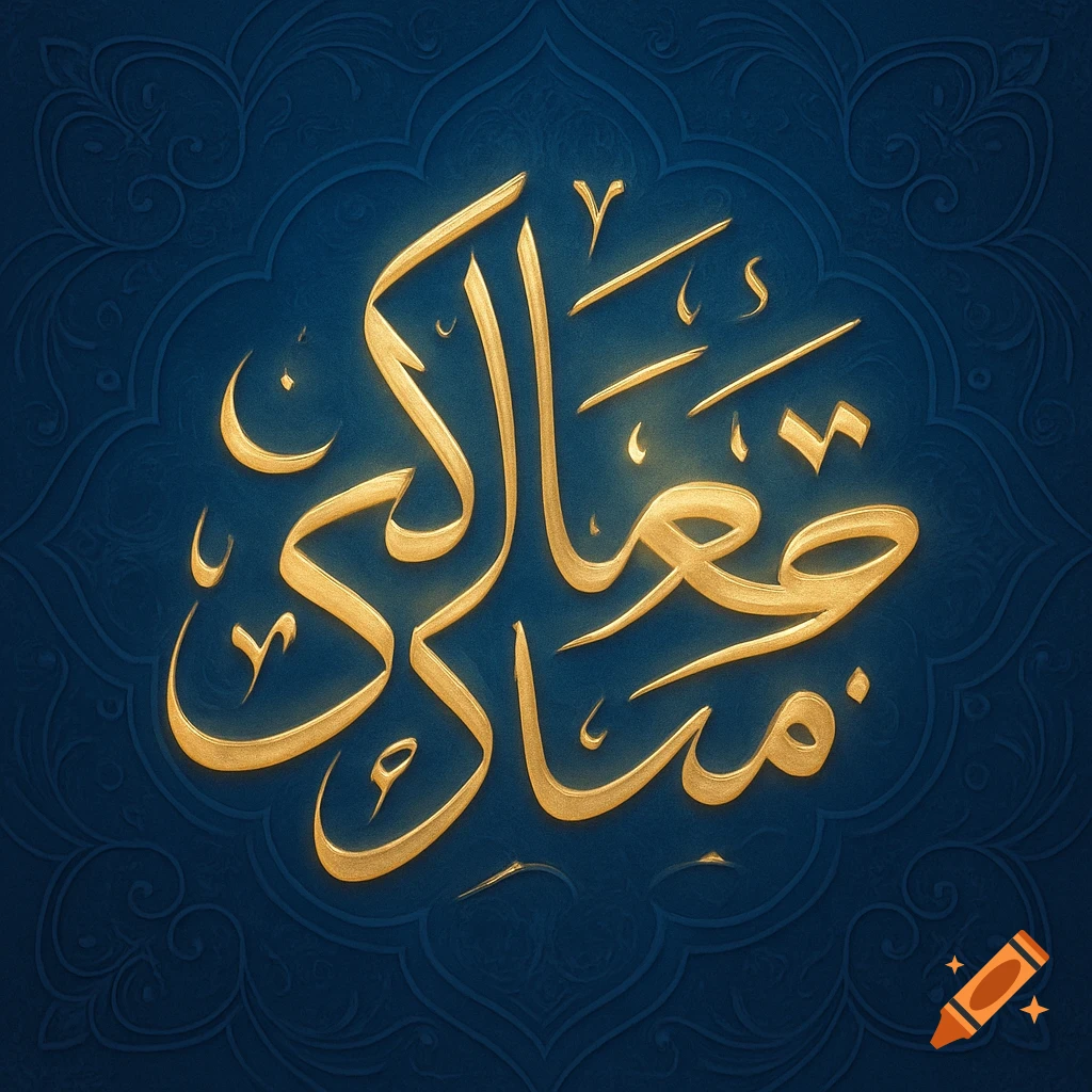 Golden Arabic calligraphy of 'Jummah Mubarak' on a dark blue background with an embossed floral pattern.