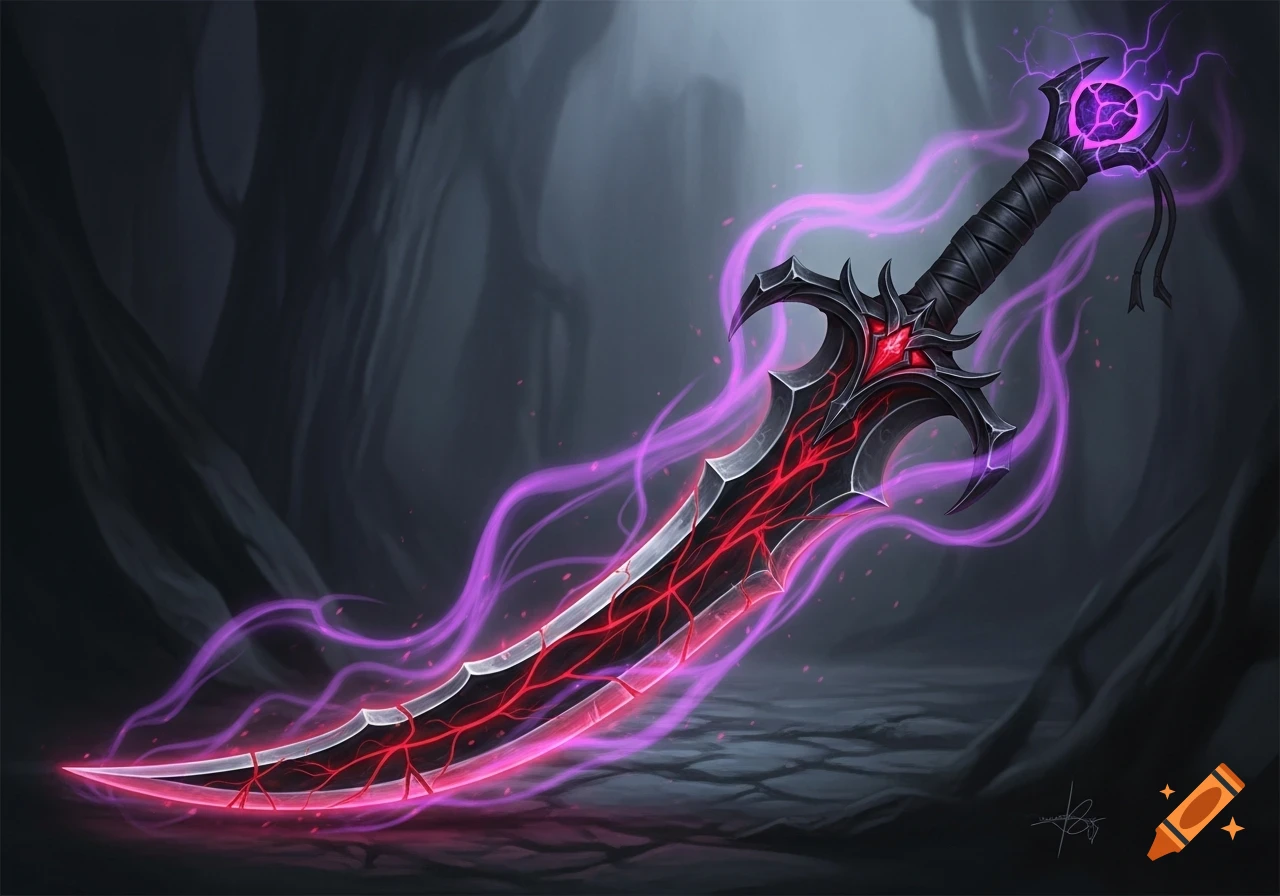 A stylized illustration of a dark, jagged fantasy scimitar with glowing red veins and a purple energy aura, set against an ominous background.
