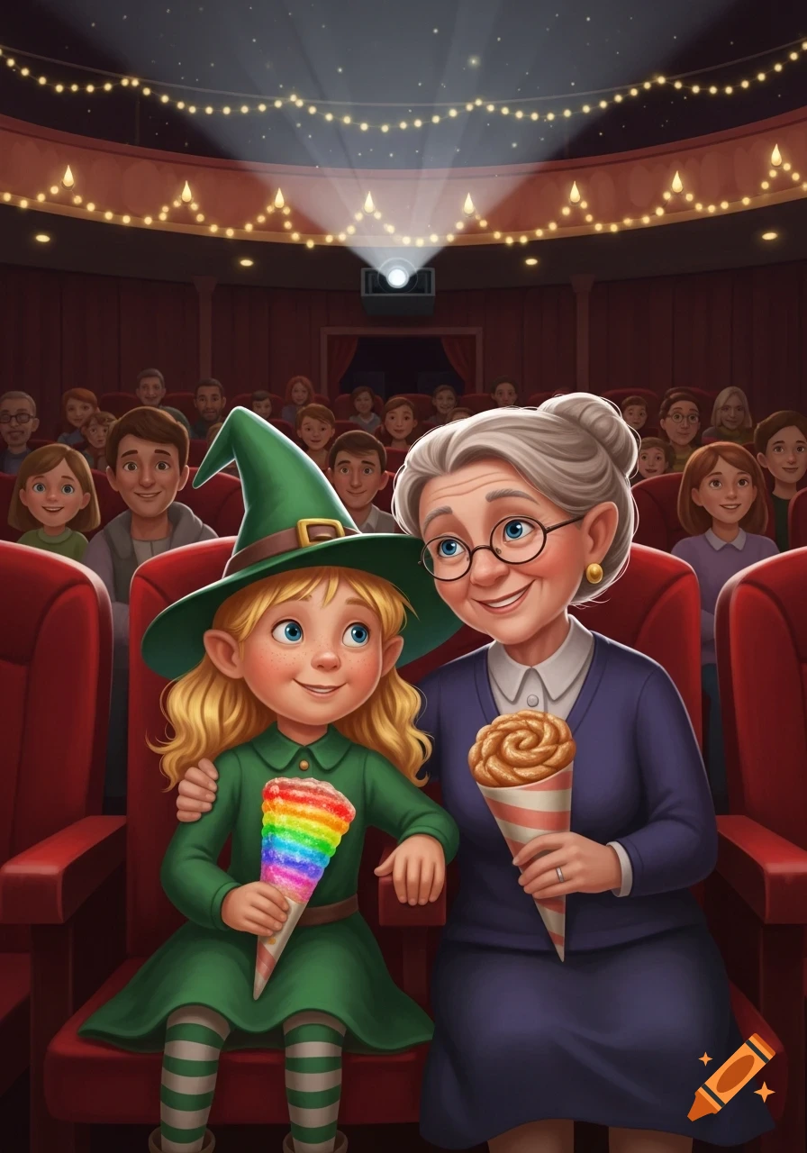 A blonde girl in a witch hat and an older woman sit in a movie theater, holding ice cream cones, in a cheerful children's illustration.