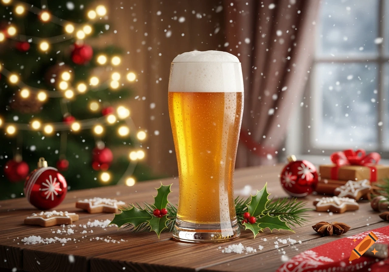 Photorealistic image of a beer glass with foam, surrounded by Christmas holly, ornaments, and gingerbread cookies on a wooden table, with a lit Christmas tree and snowy window.