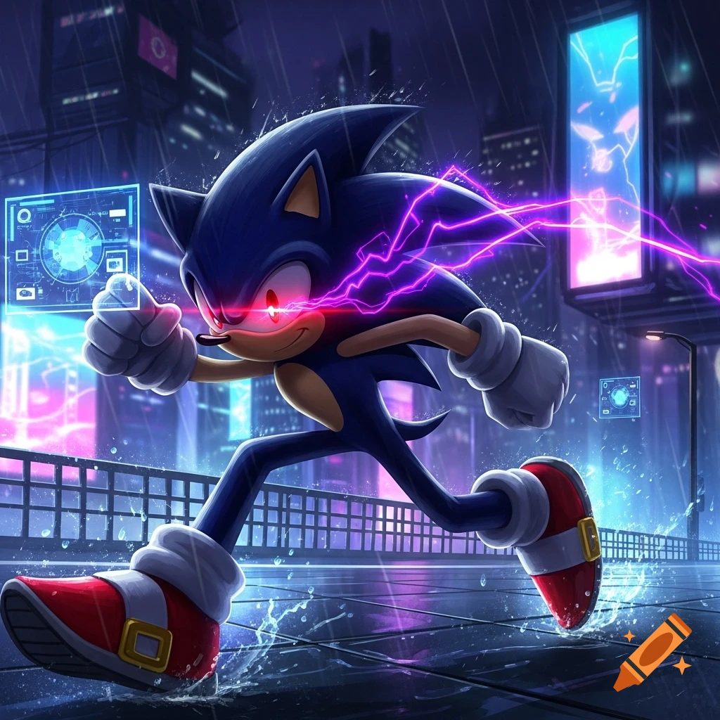 Dark Sonic with glowing red eyes and purple lightning runs through a neon-lit, rainy cyberpunk city.