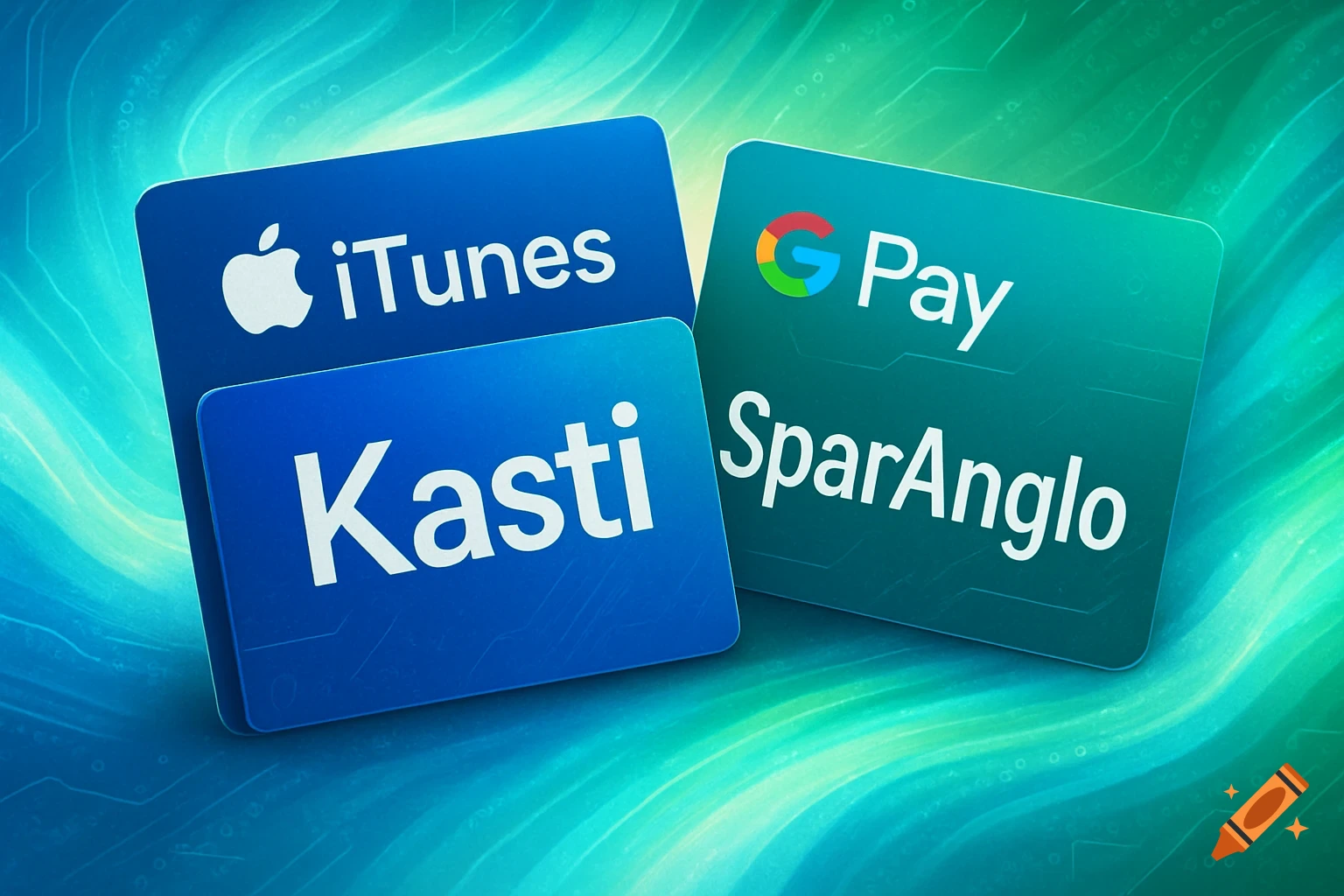 Multiple digital payment and gift cards, including iTunes, G Pay, Kasti, and SparAnglo, on a vibrant green and blue background.