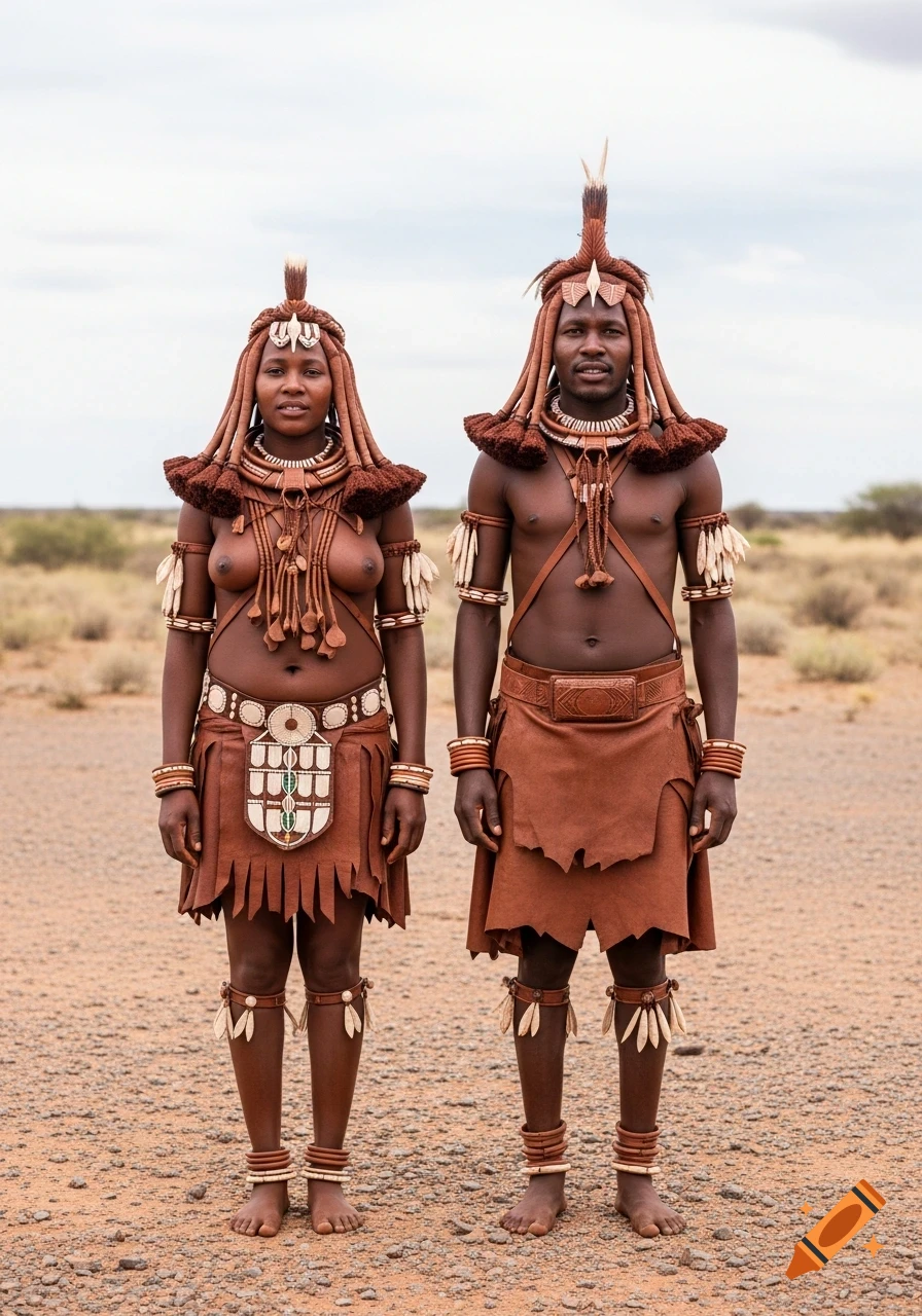 Two Himba people, a man and a woman, stand side by side in traditional leather attire and ochre-coated hair in a dry Namibian landscape.
