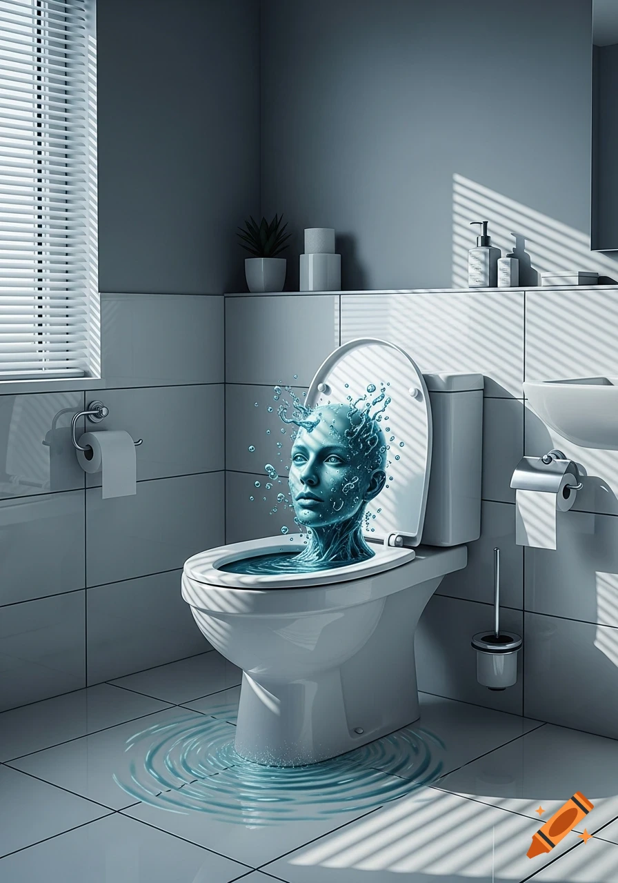 A surreal, water-sculpted human head emerges from a toilet bowl in a modern bathroom, with water splashing and rippling.