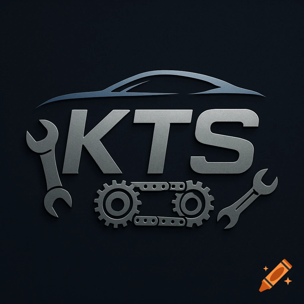 A logo for a car repair shop featuring the letters KTS, a car silhouette, two wrenches, and linked gears on a dark background.