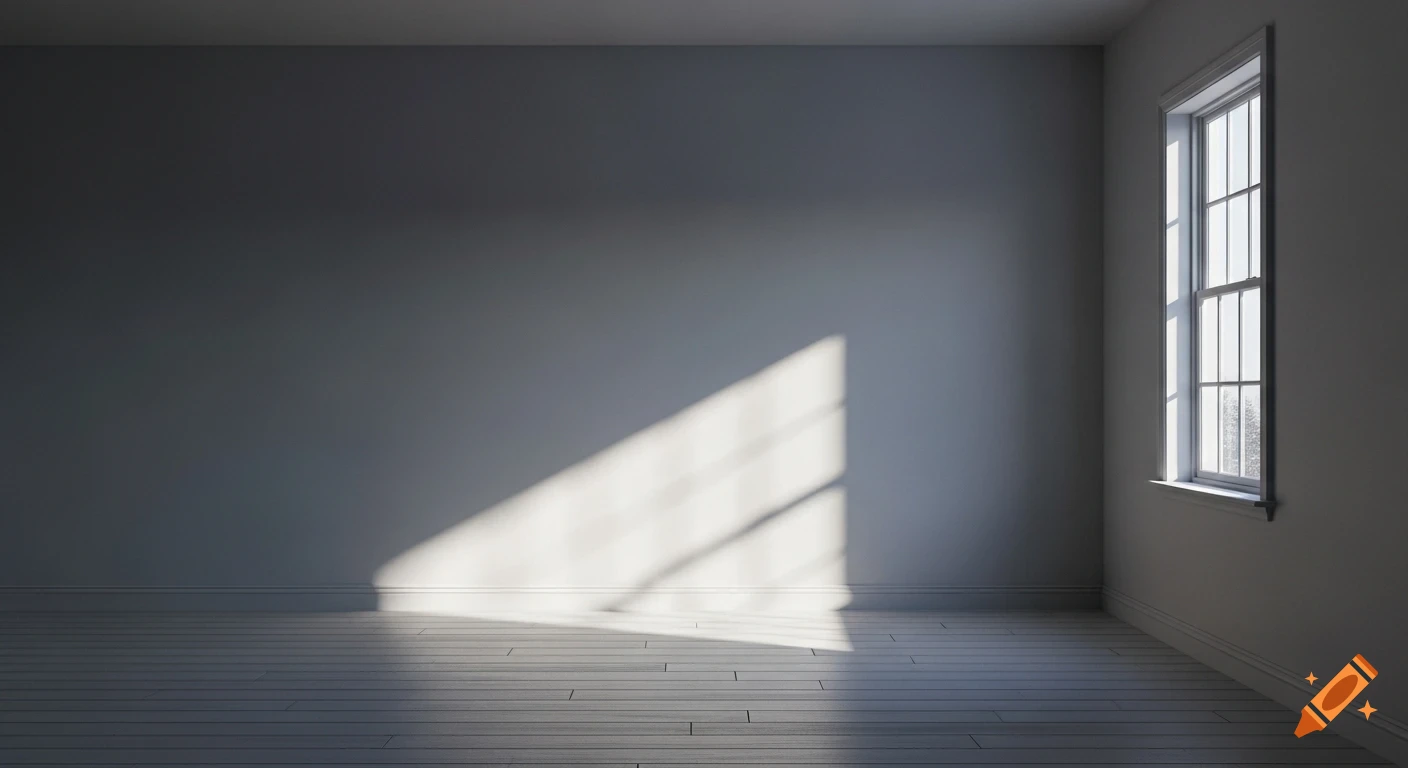 Sunlight streams through a tall window into an empty, minimalist room ...