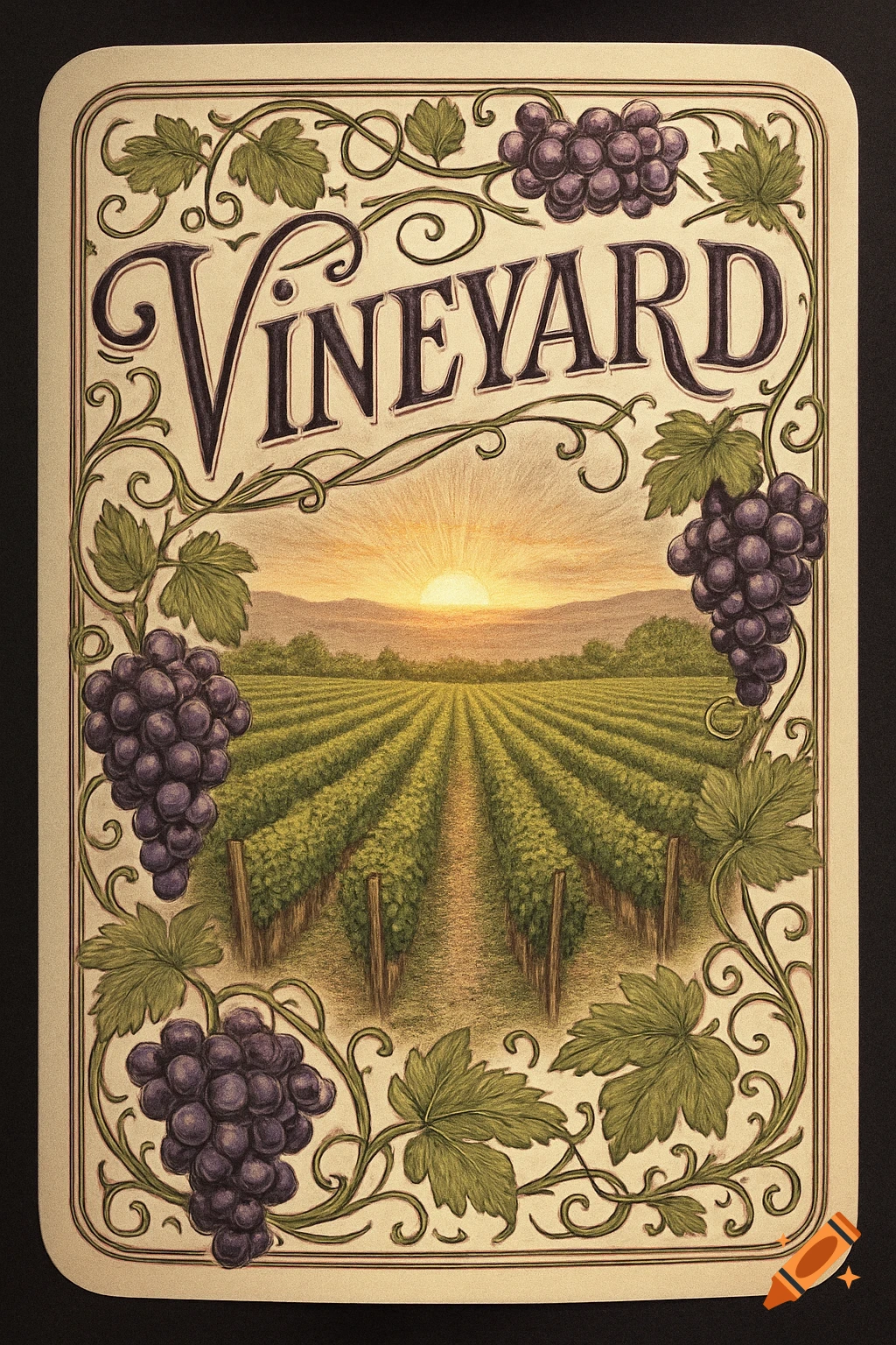 Vintage illustration of a vineyard at sunset, framed by grapevines and purple grapes, with "VINEYARD" text.