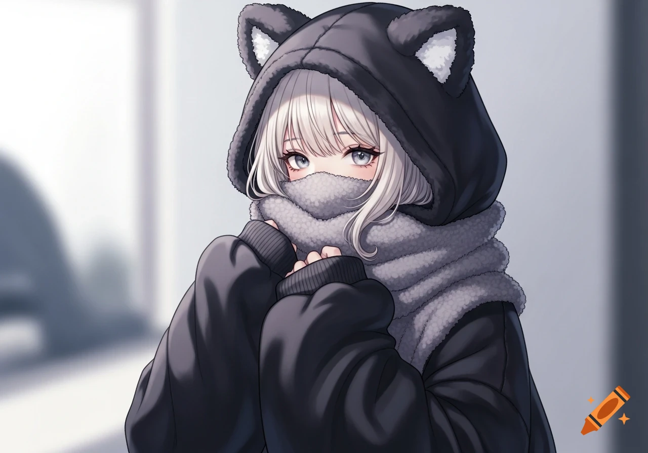 Anime girl with platinum blonde hair, wearing an oversized black cat-ear hoodie and a plush gray scarf covering her face.
