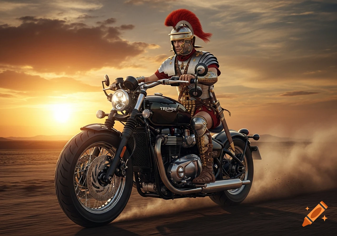 A Roman legionary in full armor rides a black Triumph motorcycle across a dusty landscape at sunset.