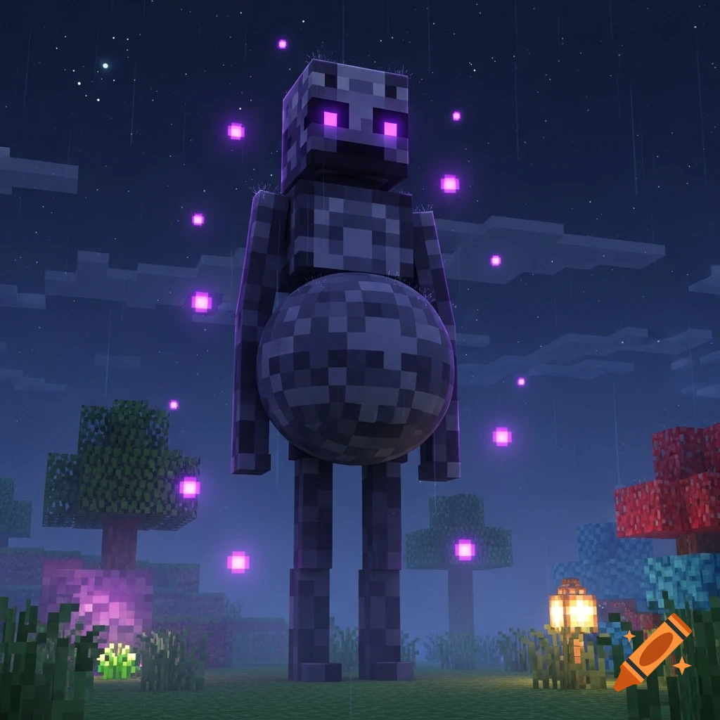 A pixelated Minecraft Enderman with a large round belly stands in a dark, glowing forest at night.