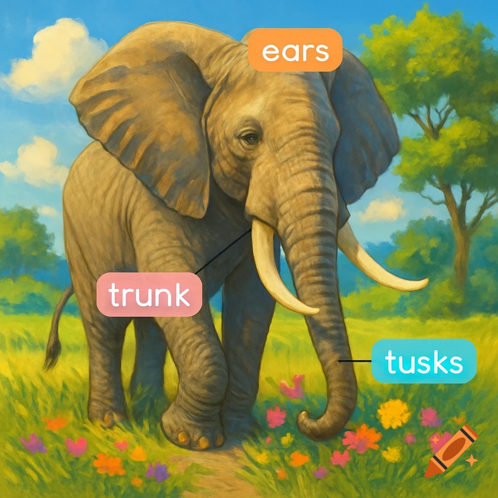 A painted elephant in a vibrant green field with a blue sky, featuring educational labels for its ears, trunk, and tusks.