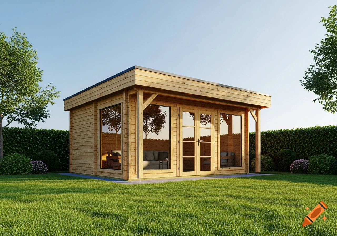 A wooden garden shed with large windows and a flat roof stands on a green lawn surrounded by hedges and trees under a clear blue sky.